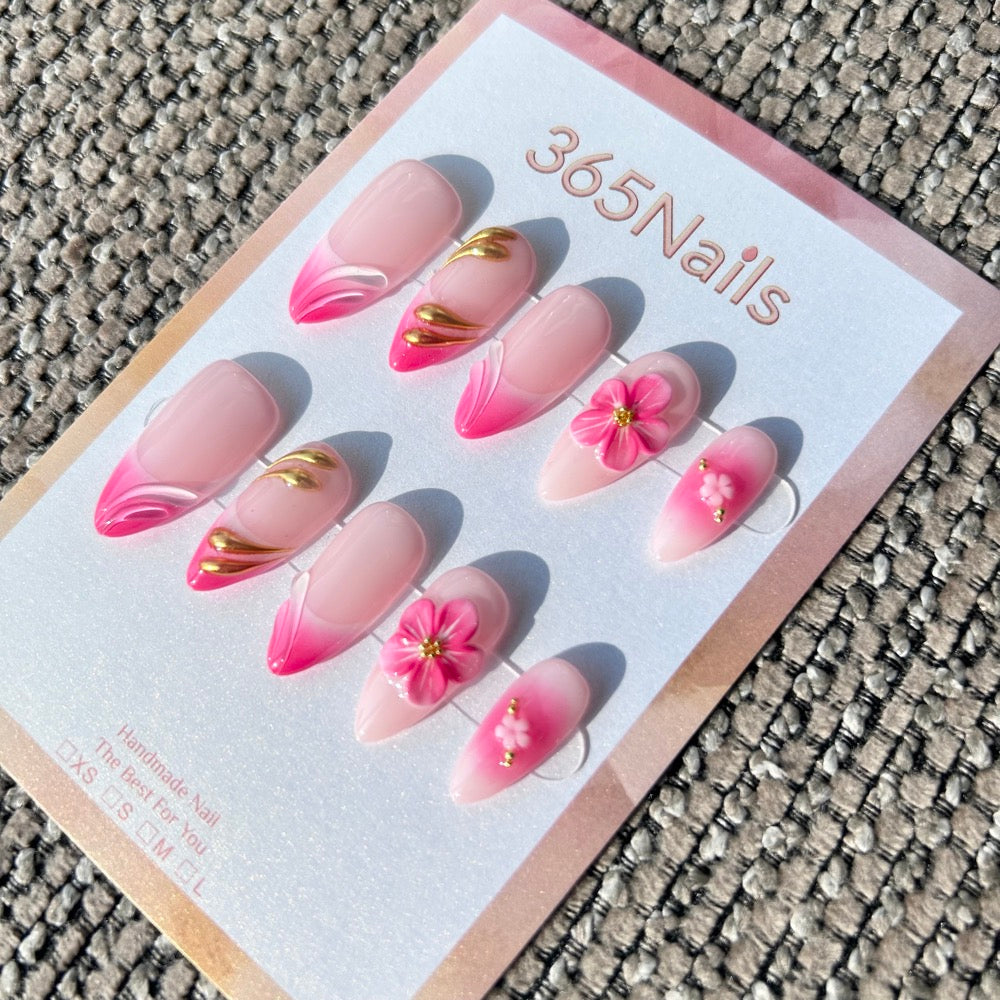 Handmade "Peony Blush" 3D Floral Press-on Nails | Pink Ombre & Gold Swirls | Almond | 10pcs Set