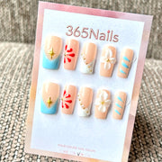 « French nude et bleu floral avec perle » — vente en gros — faux ongles ultra-doux, ajustement flexible, faits main (MOQ=100)