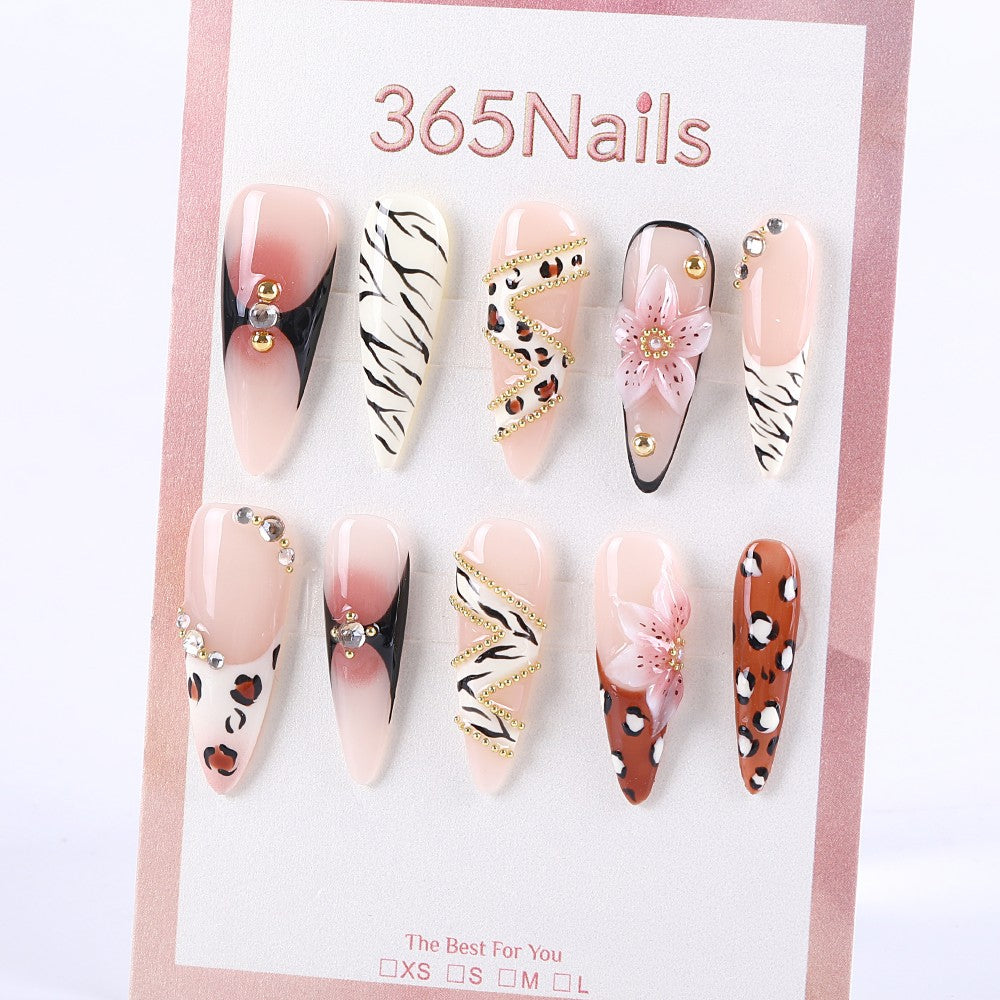 Zebra and Leopard Print Press-On Nails with Gold Chains and 3D Flowers