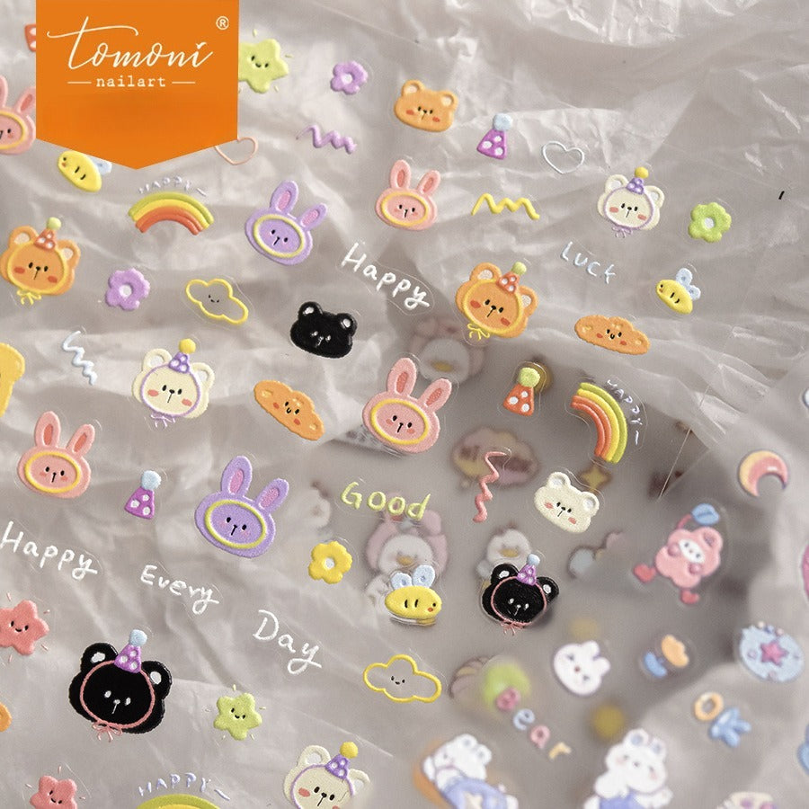 Happy Animal Collection: "Cute Happy Animals & Rainbow" – 3D Embossed Nail Sticker