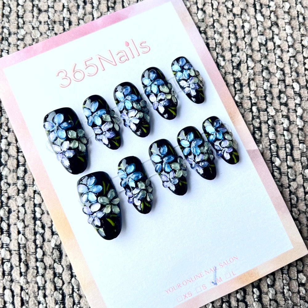 365nails: "Midnight Bloom" – 3D Floral Handmade Long Coffin Nails
