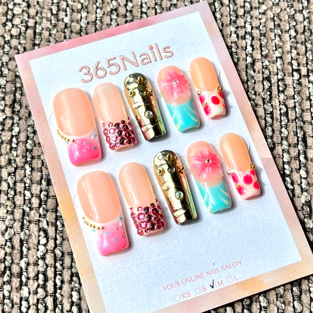 365nails: 피치 트로피컬 블룸 – 수제 미디엄 스퀘어형 프레스온 네일