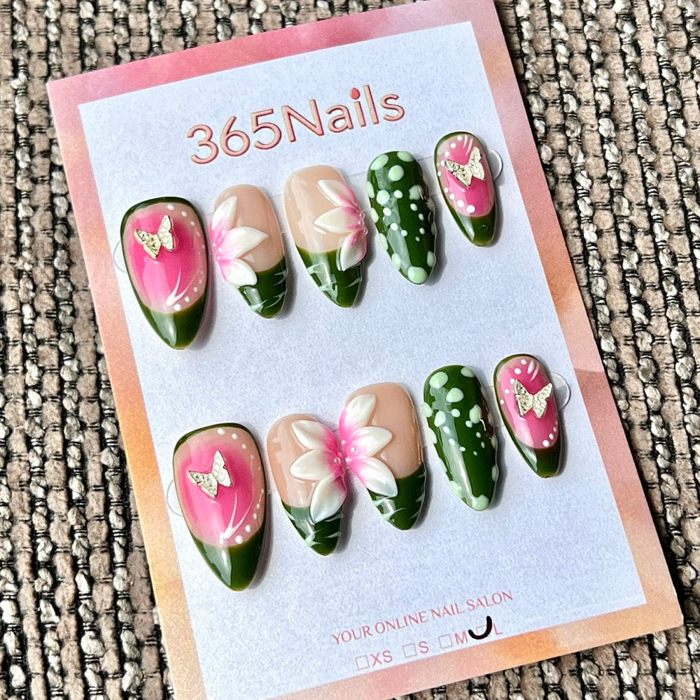 365nails: "Green Pink Flower Butterfly 3D" – Handmade Medium Stiletto Press-On Nails