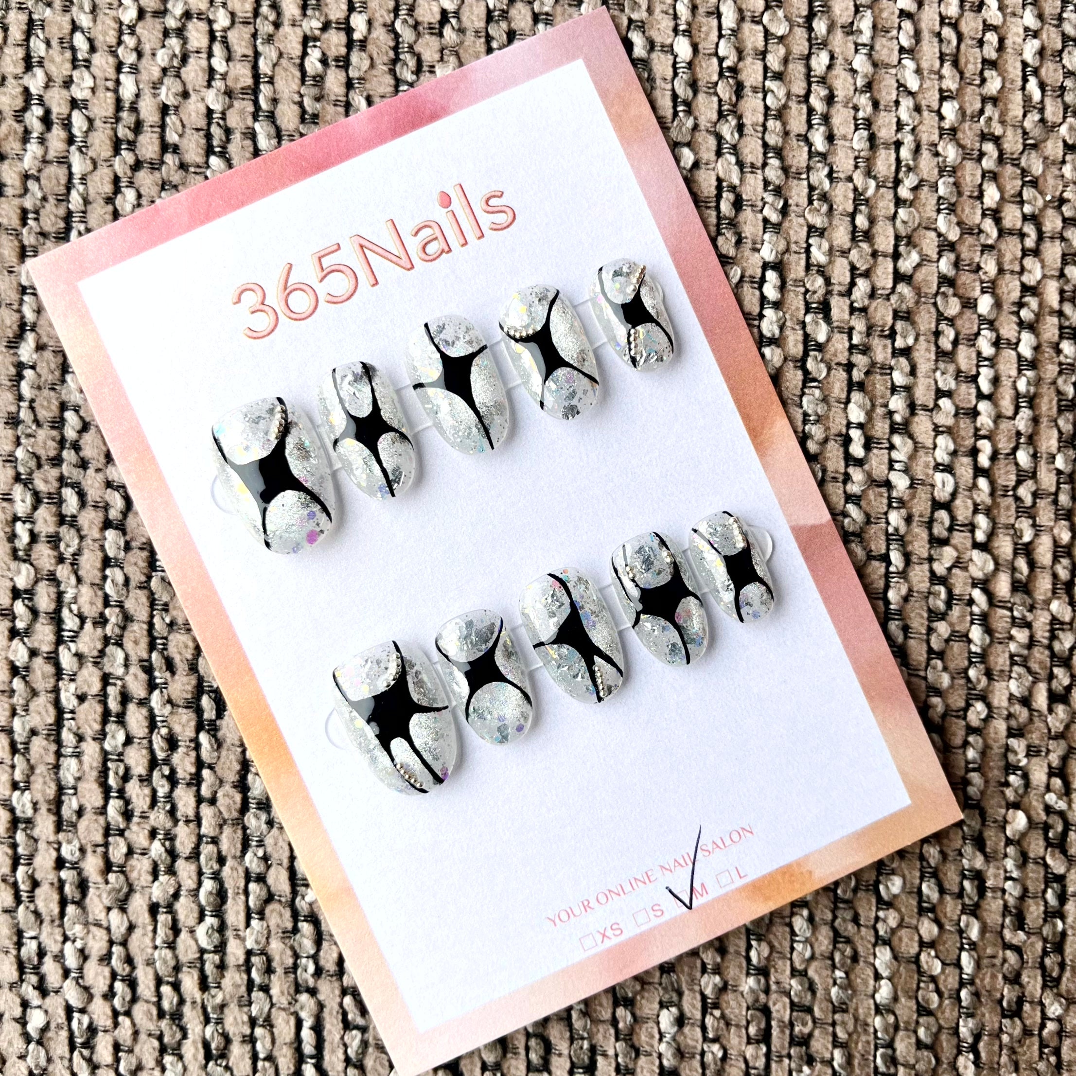 365nails: "Liquid Metal" – Abstract Black & Silver Chrome Handmade Short Square Nails