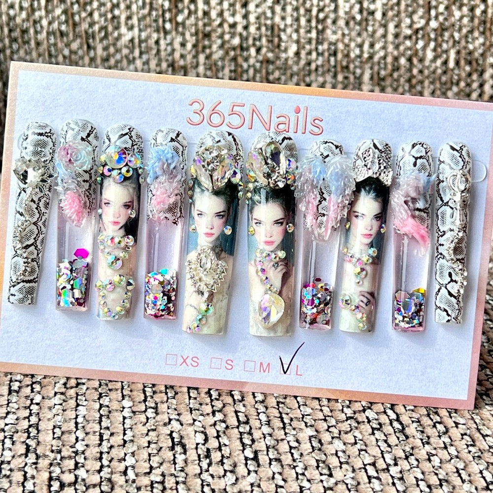 365nails: "Snakeskin Crystal Diva" – Handmade Liquid Motion Press-On Long Pipe Nails-5.5cm