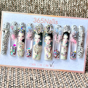 365nails: "Snakeskin Crystal Diva" – Handmade Liquid Motion Press-On Long Pipe Nails-5.5cm