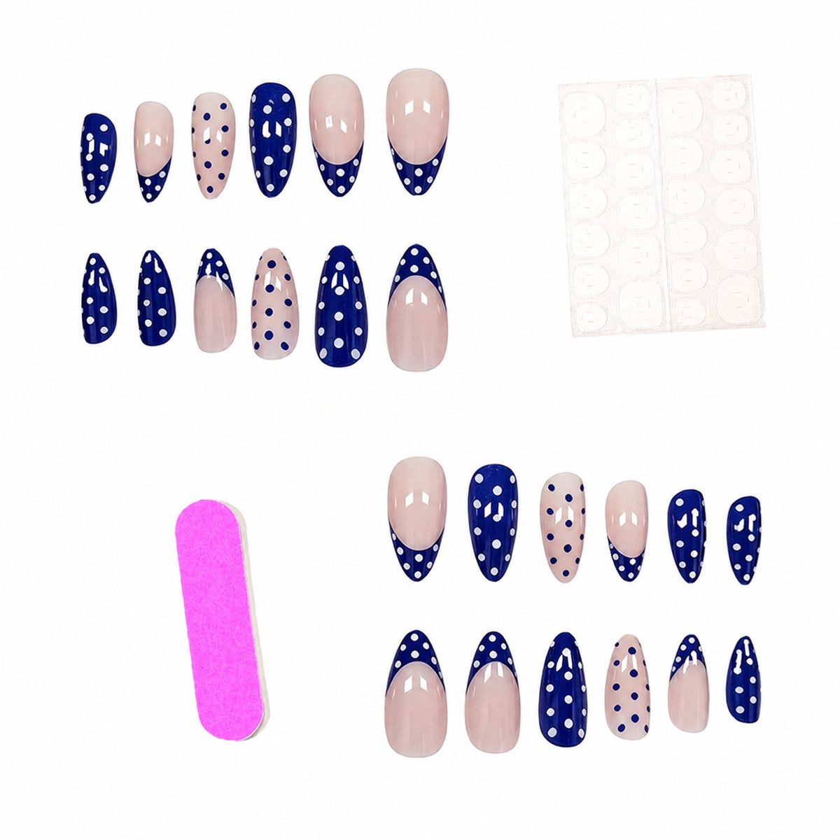 Press-on nail set with nail file and adhesive tabs on white background
