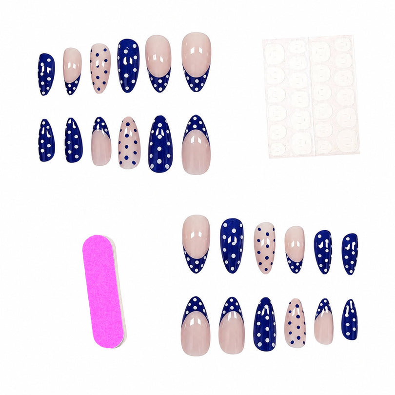 Press-on nail set with nail file and adhesive tabs on white background