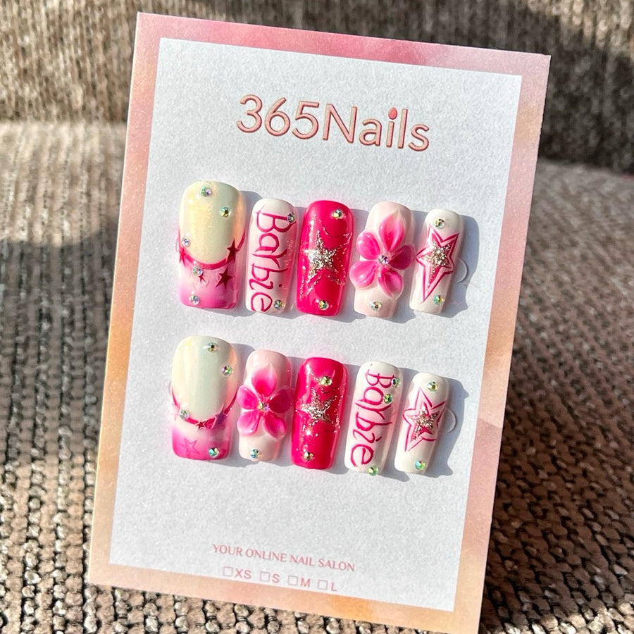 365nails: "Barbie Pink Star" – Handmade Medium Square Press-On Nails