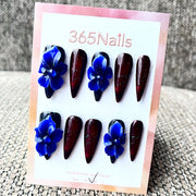 365nails: 퍼플 미드나이트 블룸 – 3D 플로럴 수제 스틸레토형 네일