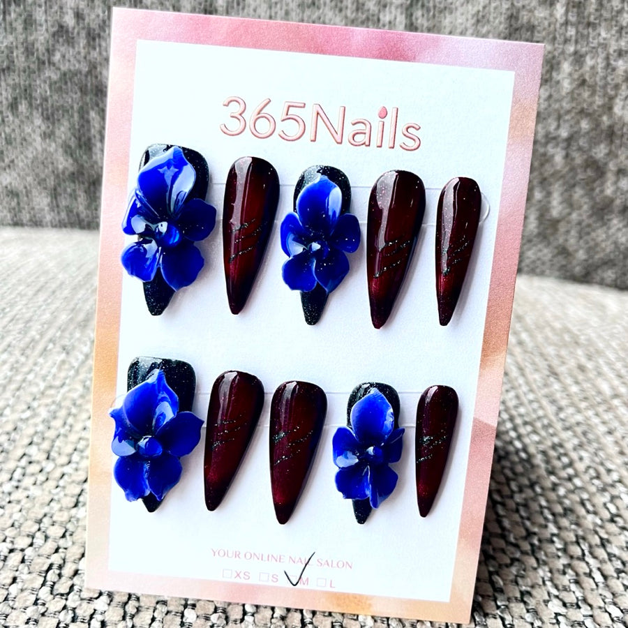 365nails: "Purple Midnight Bloom" – 3D Floral Handmade Stiletto Nails