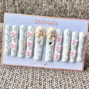 365nails: "White Bear Bow Flower Long" – Handmade Long Trapezoid Press-On Nails