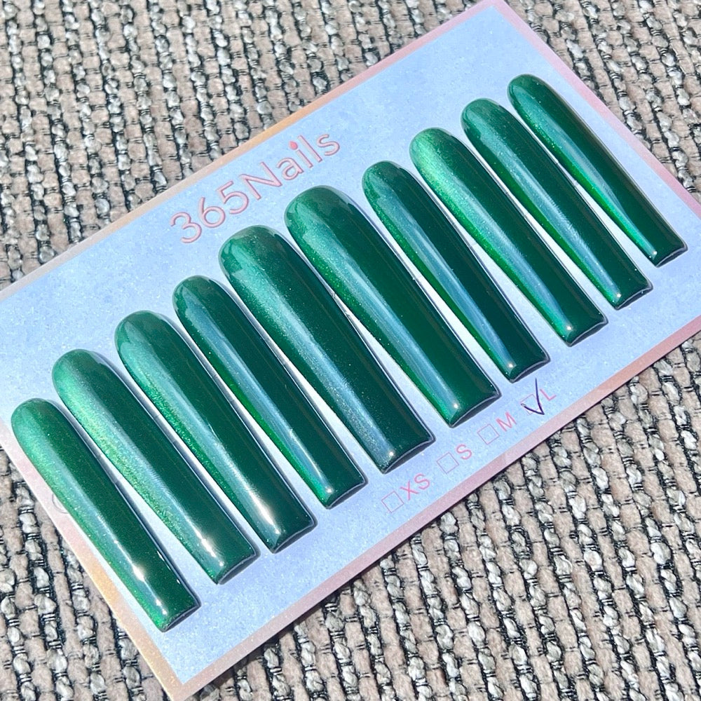 365nails: "Emerald Cascade" – Deep Green Solid Handmade Press on Nails Long Coffin Nails