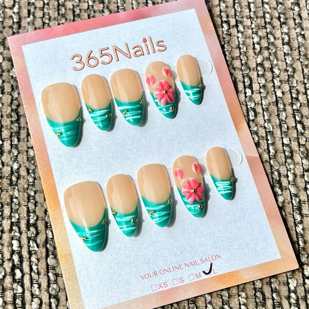 365nails: "Nude Teal Wave Flower 3D" – Handmade Medium Stiletto Press-On Nails