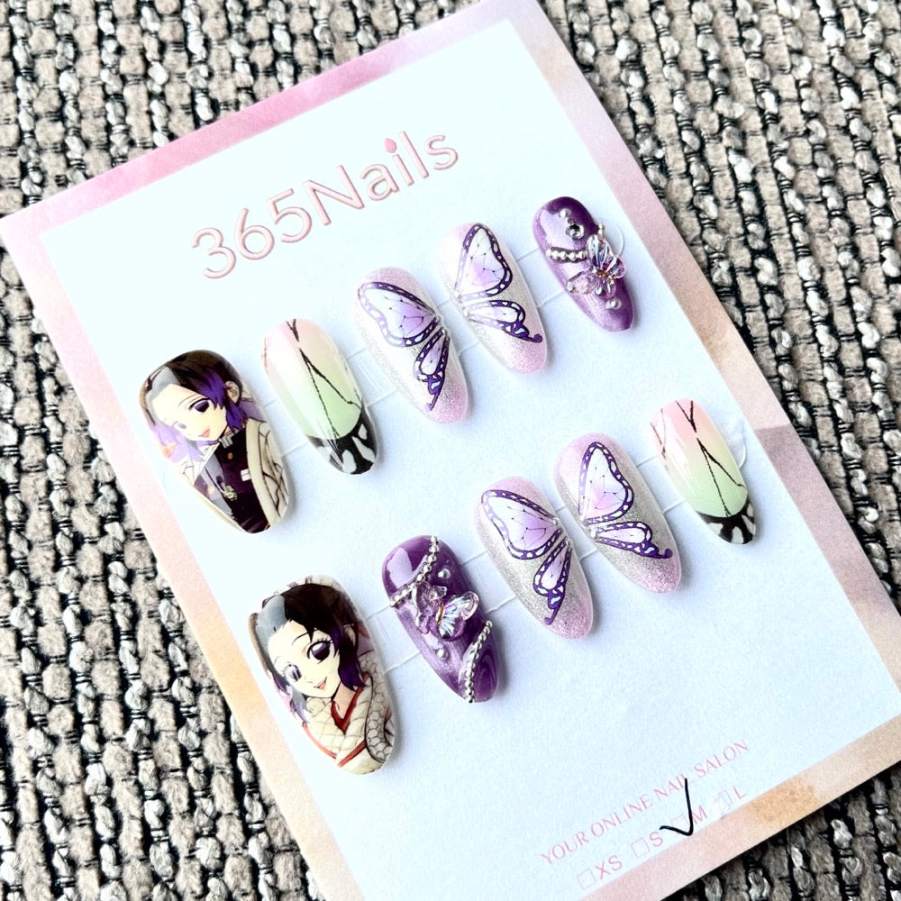365nails: "Demon Slayer Shinobu Kocho" – Handmade Short Almond Press-On Nails