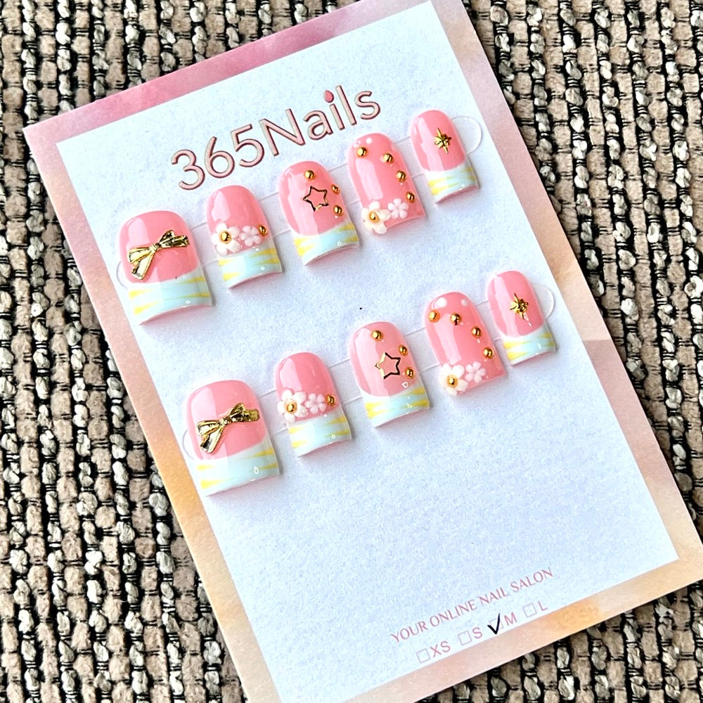 "Pink French Bow Star" - Wholesale Ultra-Soft Flexible Fit Handmade Nails (MOQ=100)