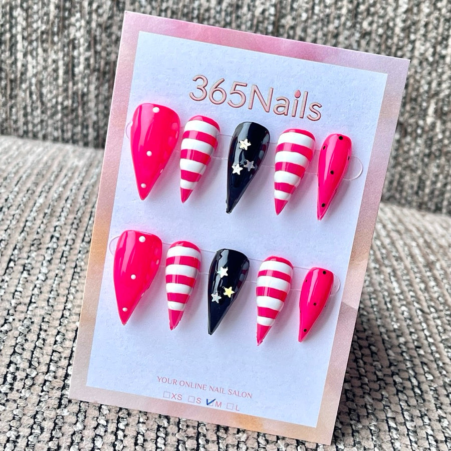 365nails: "Hot Pink Stripe Polka Dot Star Y2K" – Hand Drawn Graphic Handmade Long Stiletto Nails