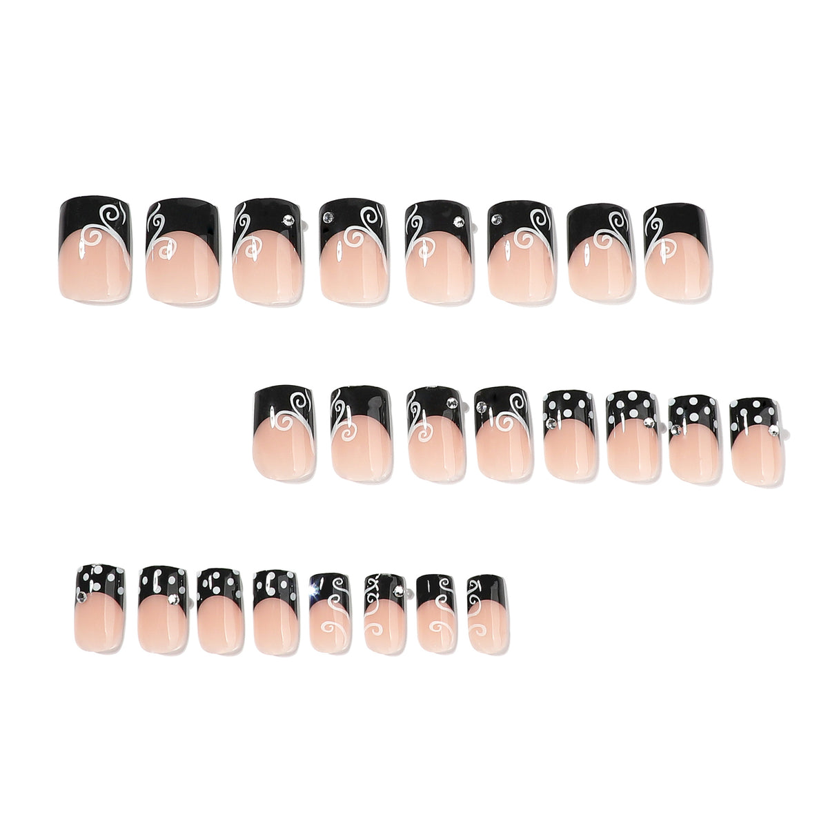 Full set of 24 black french tip square press-on nails laid out in rows with white dot and swirl designs