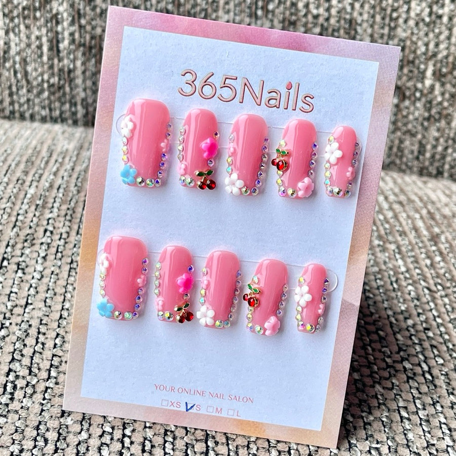 365nails: "Pink Jelly Cherry Floral Rhinestone Edge" – 3D Fruit Flower Handmade Medium Square Nails