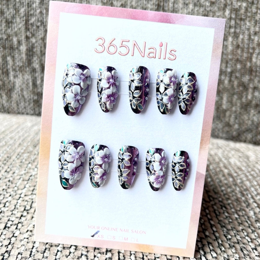 365nails: "Midnight Orchid" – 3D Floral Handmade Medium Coffin Nails