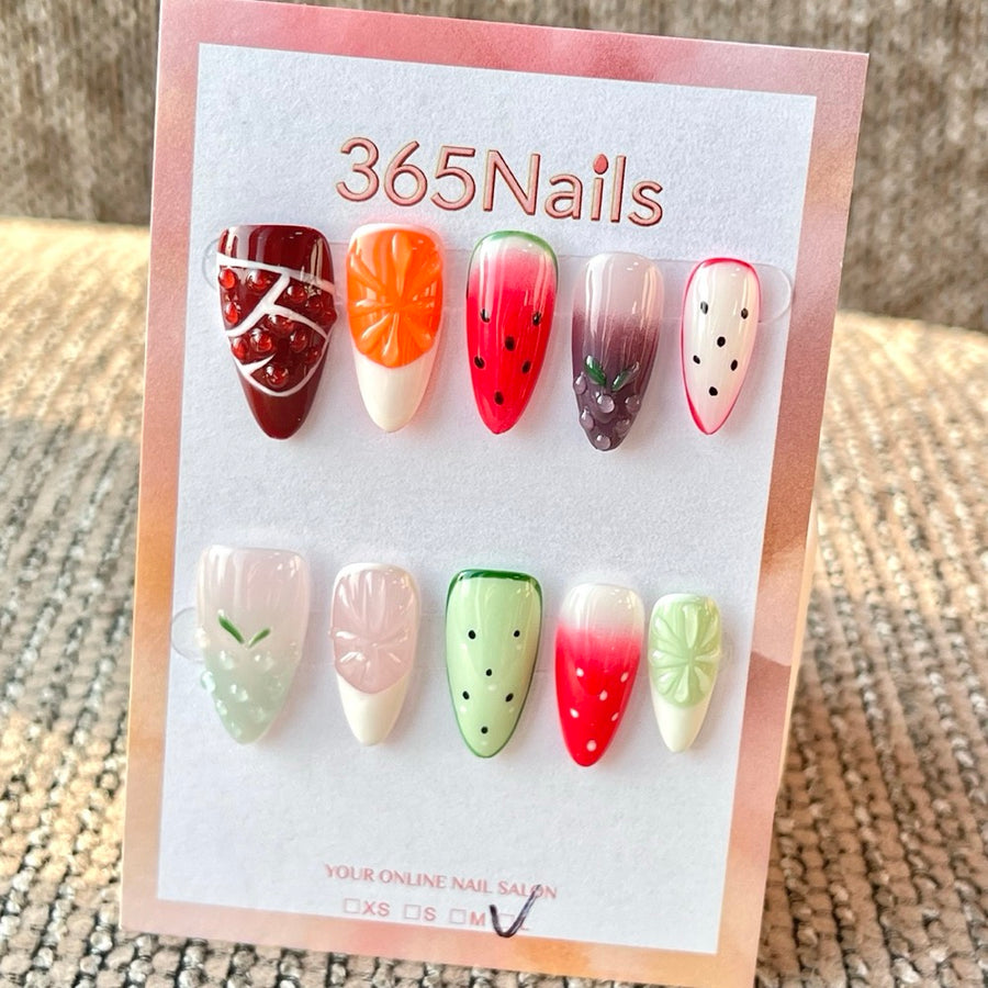 365nails: "Colorful Fruit Mix 3D" – Handmade Medium Stiletto Press-On Nails