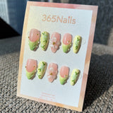 Handmade Spring Tulip 3D Floral Press-on Nails | Green Leaf French & Pearls | Medium Almond | 10pcs Set