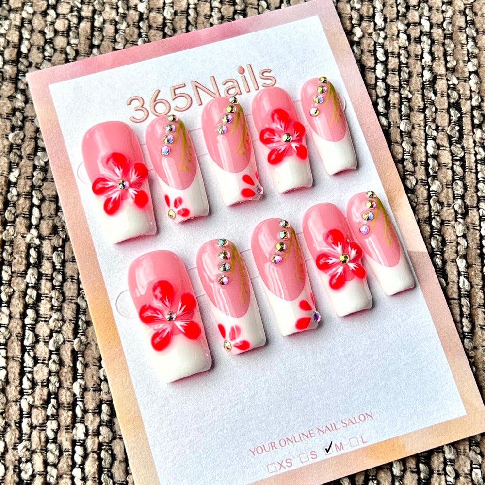 365nails: "Cherry Blossom French" – Handmade Medium Square Press-On Nails