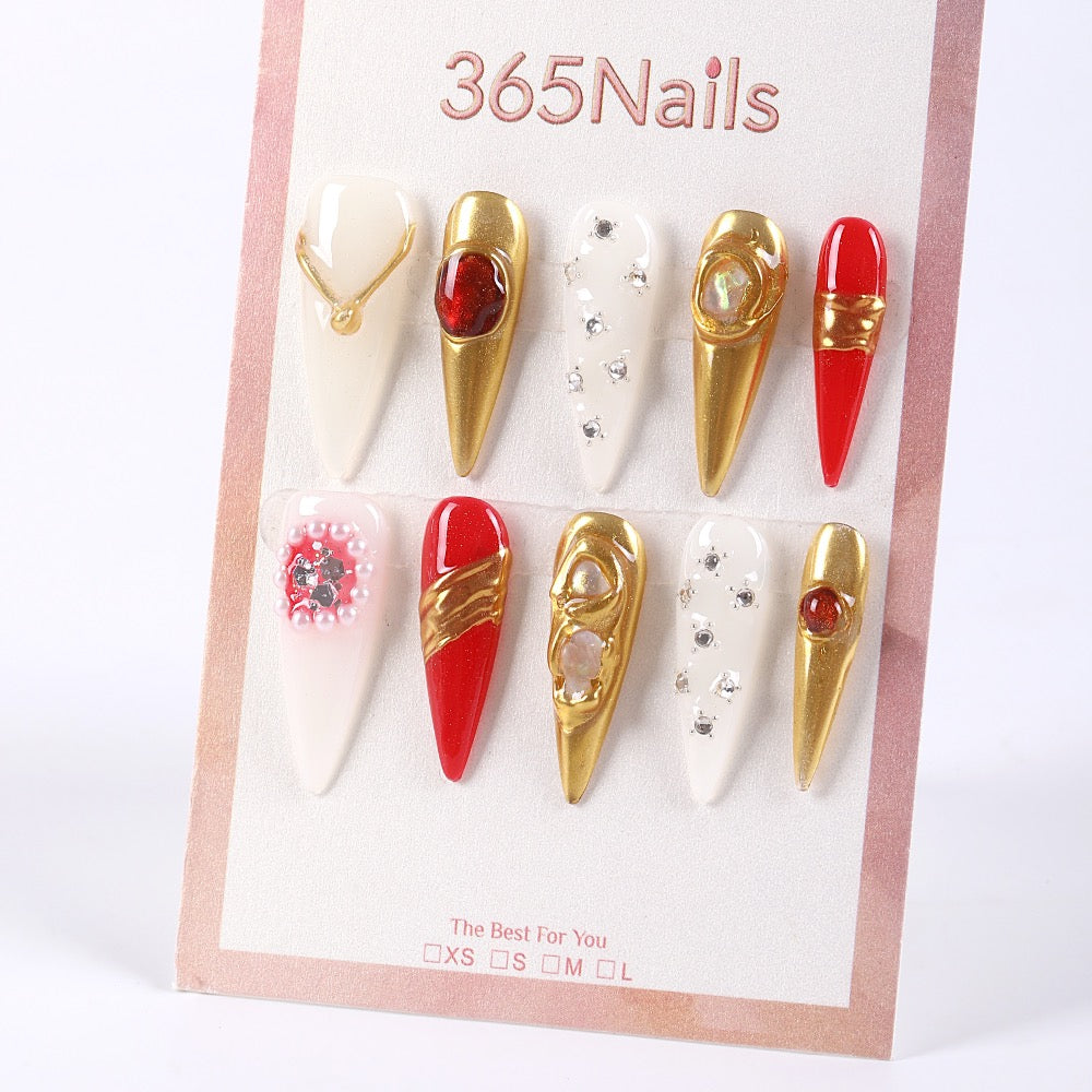 365Nails Ivory & Classic Red Regal Set with Gold Metallic Frames, Gem Accents, and Crystals Press-On Nails