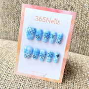 Luxury Logo 365nails: "Sky Blue Plaid Monogram" – Black Monogram & Plaid Handmade Squoval Nails
