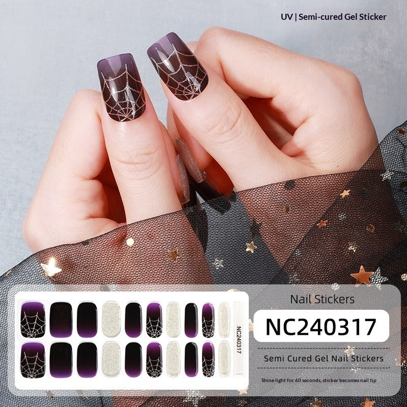 Semi-Cured Gel Nail Strips Halloween Pumpkin Glitter Design (MOQ=3)