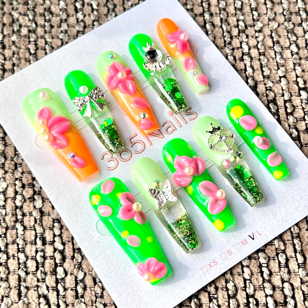 365nails: "Tropical Orchid Glow" – Handmade Liquid Motion Press-On Medium Square Nails-3.5cm