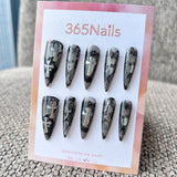 Femme Fatale: "Phantom Lace" – Smokey Grey Translucent Base with Black Lace Texture & Silver Chrome Crosses Long Stiletto Nails