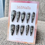 Femme Fatale: "Phantom Lace" – Smokey Grey Translucent Base with Black Lace Texture & Silver Chrome Crosses Long Stiletto Nails