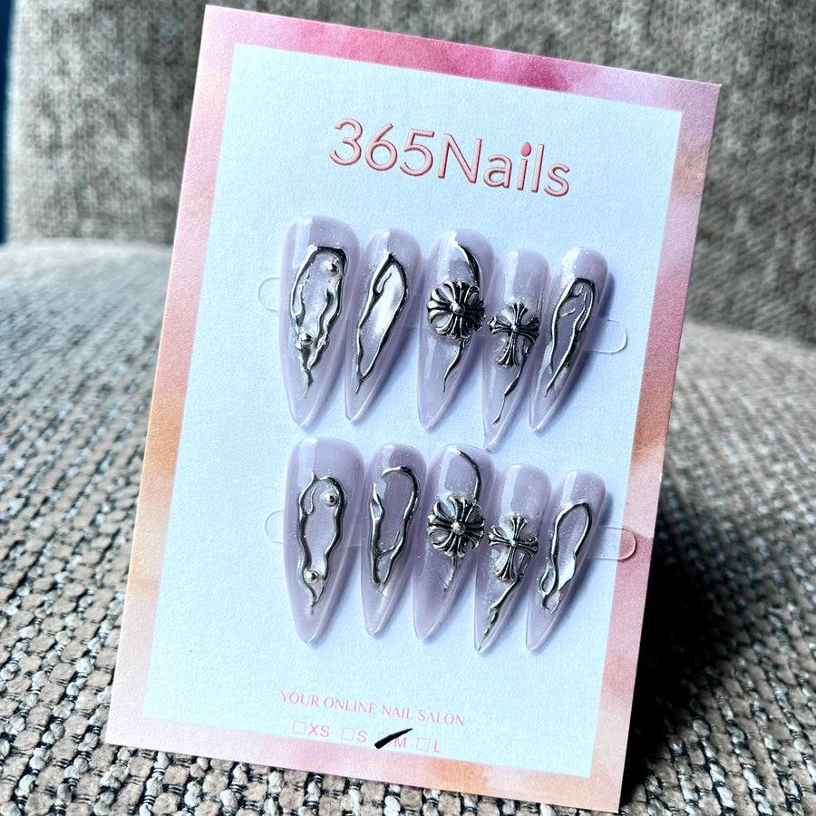 365nails: "Gothic Chrome Cross Stiletto" – Handmade Long Sharp Stiletto Nails
