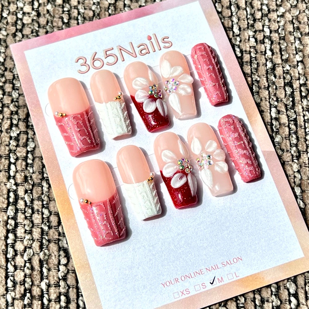 365nails 니트 겨울 꽃무늬 수제 미디엄 스퀘어형 프레스온 네일