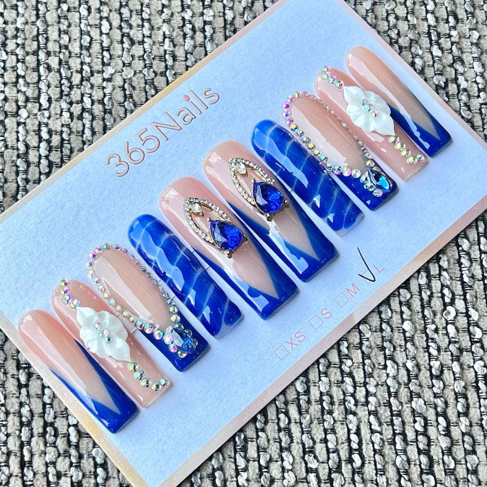 365nails: "Royal Sapphire" – 3D Gem & French Tip Handmade Press on Nails Long Coffin Nails