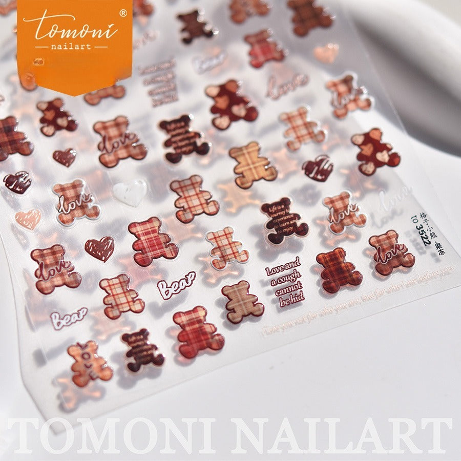 Plaid Teddy Bear Nail Stickers – 5D Embossed Sweet Love Set