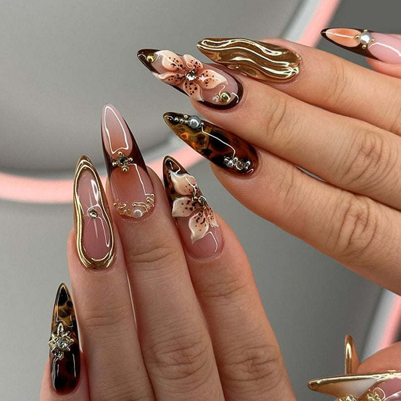3D French Floral Glossy Pink White Almond Short Press On Nails – Design 1