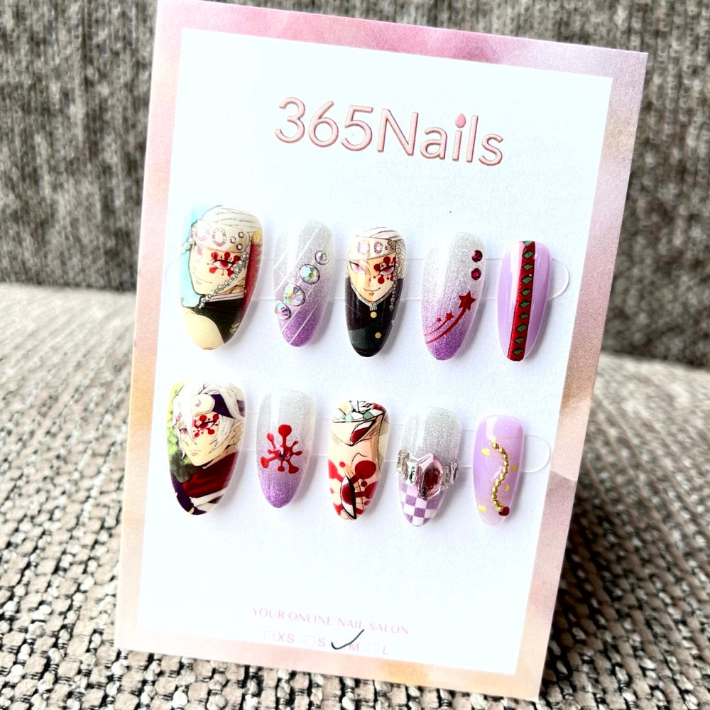 365nails: "Demon Slayer Tengen Uzui" – Handmade Short Almond Press-On Nails