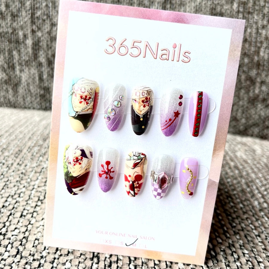 365nails: "Demon Slayer Tengen Uzui" – Handmade Short Almond Press-On Nails