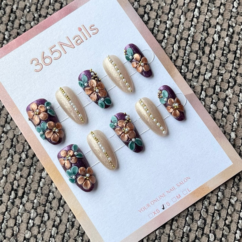 Elegant Purple & Gold Floral Press-On Nails with 3D Charms