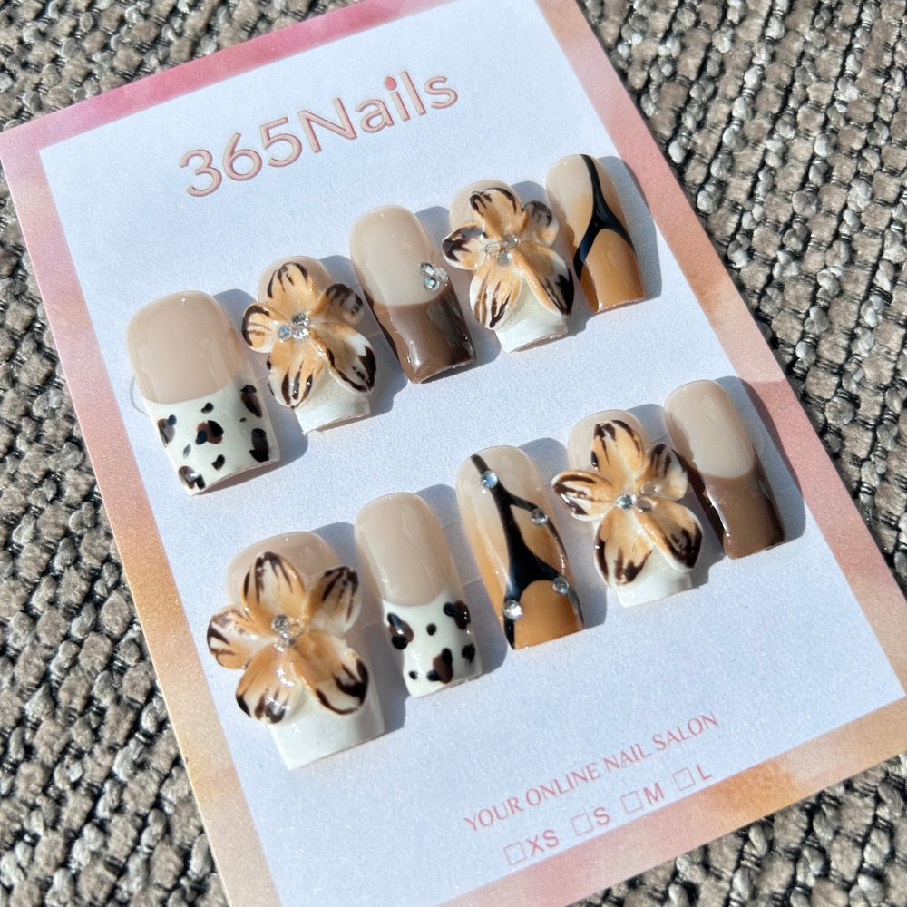Sculpted Flora: "Wild Mocha Orchid" – 3D Spotted Beige Flowers & Cow Print French Square Nails