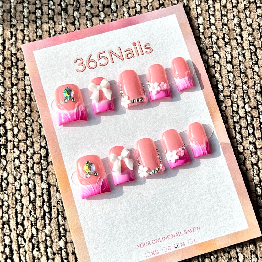 "Magenta Ombre & 3D Bow" - Wholesale Ultra-Soft Flexible Fit Handmade Nails (MOQ=100)