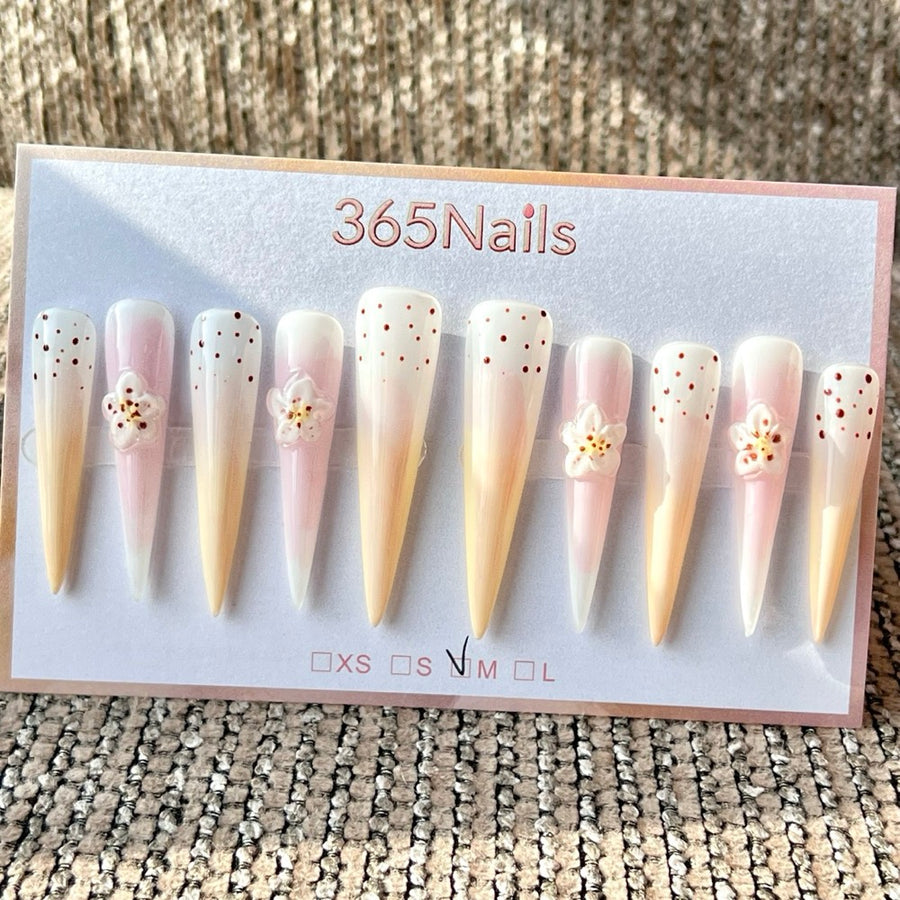 365nails: "Elegant Pink White Flower Dot Long" – Handmade Long Stiletto Press-On Nails