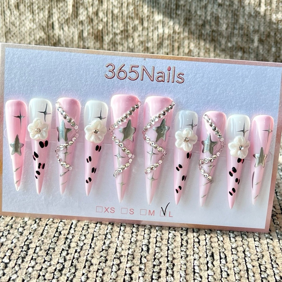 365nails: "Pink White Star Flower Leopard Rhinestone Long" – Handmade Long Stiletto Press-On Nails