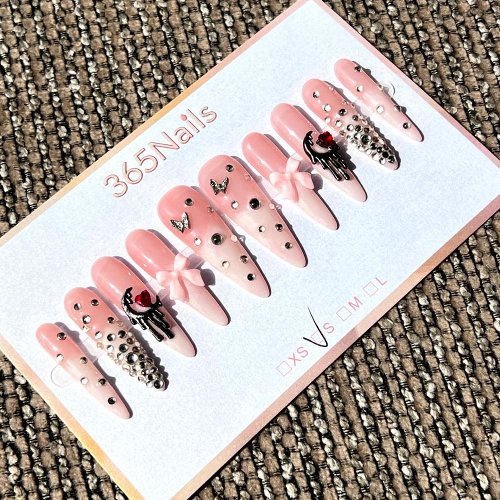 365nails: "Dark Angel" – 3D Wing & Rhinestone Handmade Stiletto Nails