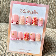 365nails: "Pink Red Flower Starfish Short" – Handmade Short Trapezoid Press-On Nails