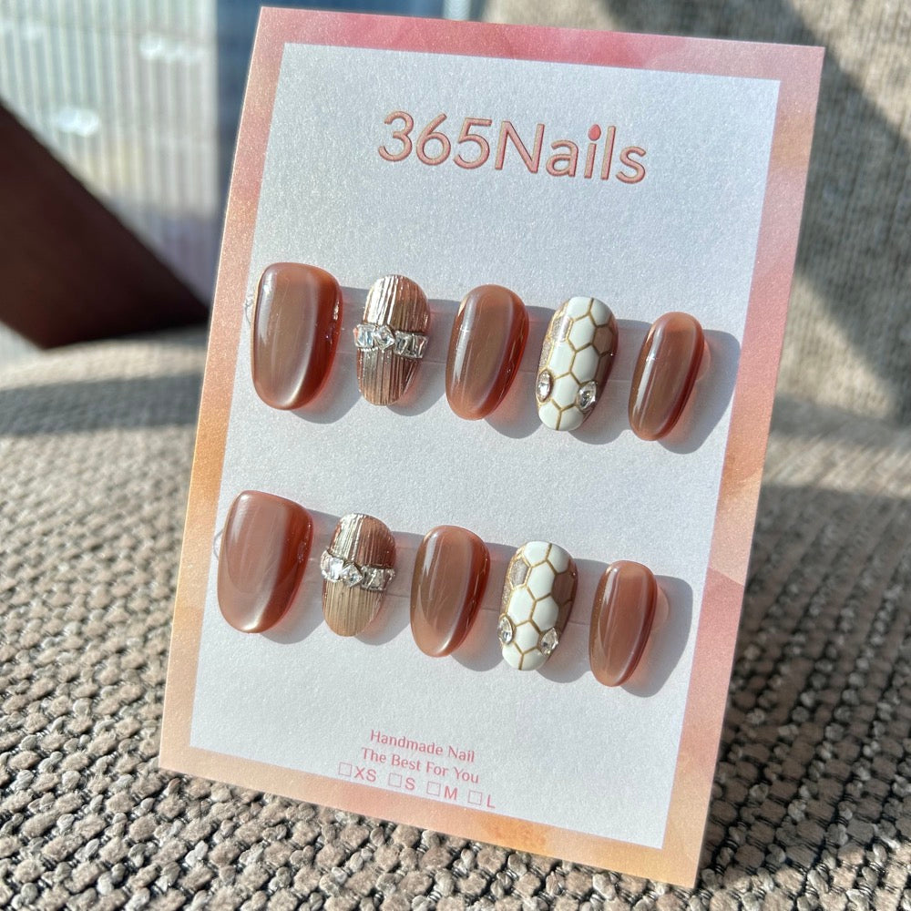 The Gilded Serpent: "Mocha Python" – Warm Brown Cat Eye & Bronze Textured Handmade Press-On Nails with Honeycomb Scales