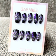 365nails: "Midnight Violet" – 3D Floral Handmade Medium Coffin Nails
