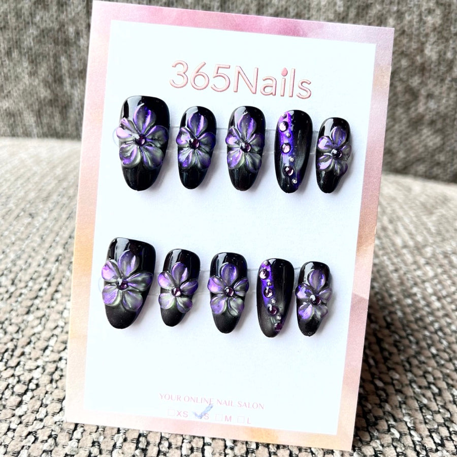 365nails: "Midnight Violet" – 3D Floral Handmade Medium Coffin Nails